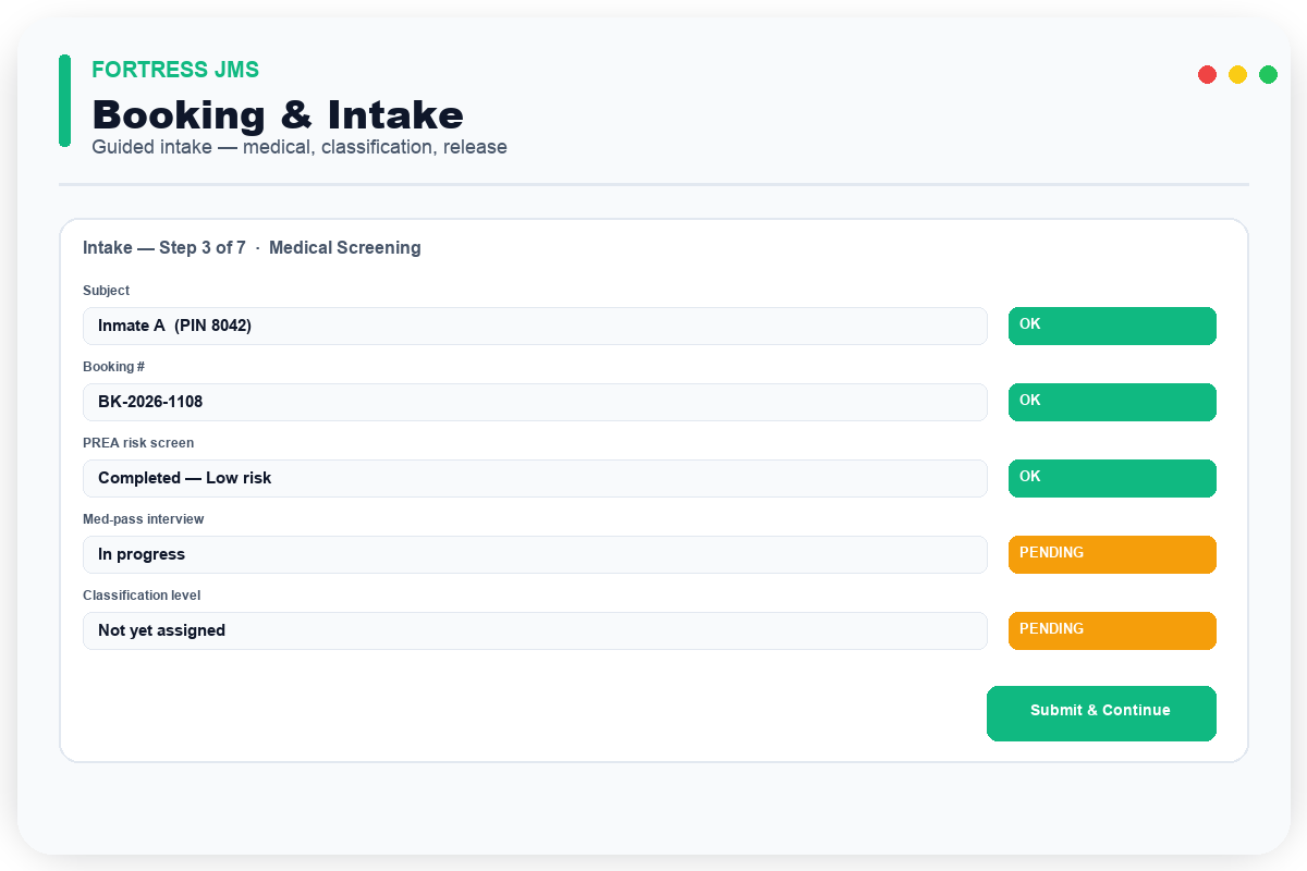 Booking & Intake — Fortress JMS module preview
