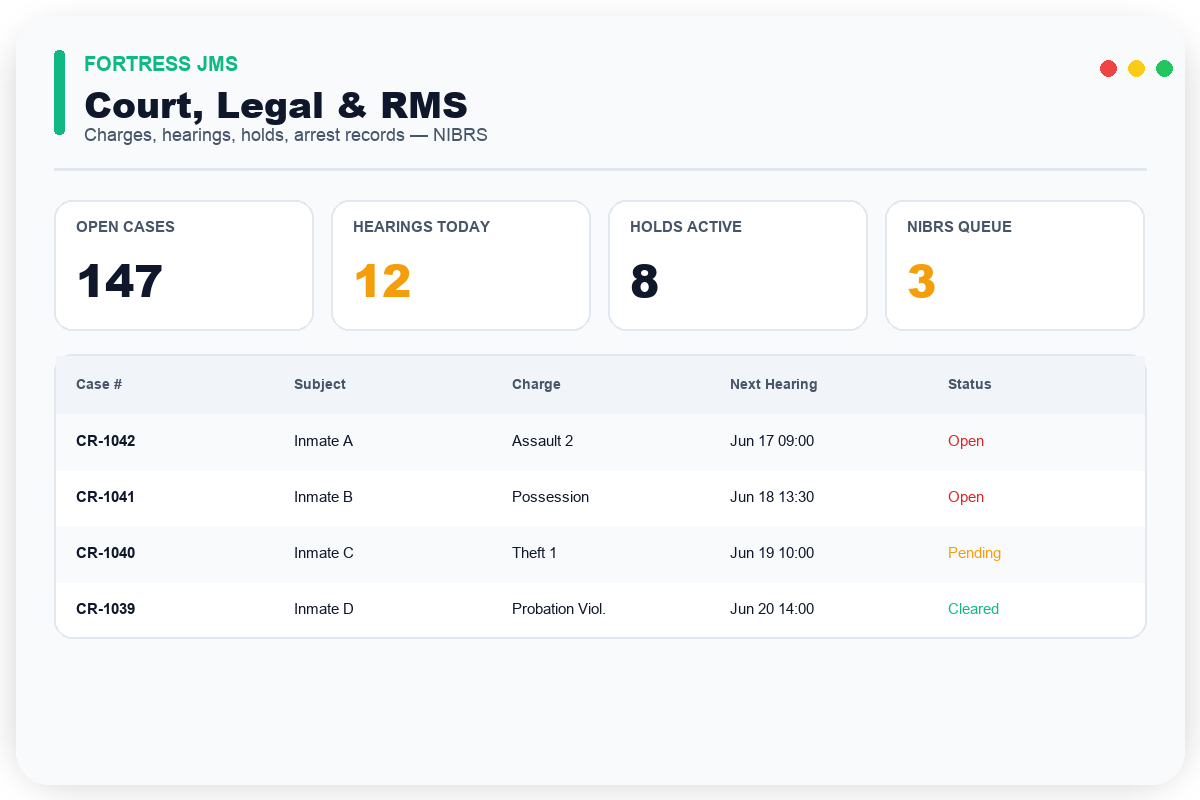 Court, Legal & RMS Case Management — Fortress JMS module preview