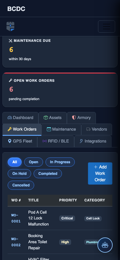 Mobile view — Work Orders list