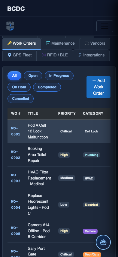 Mobile view — Work Orders detail
