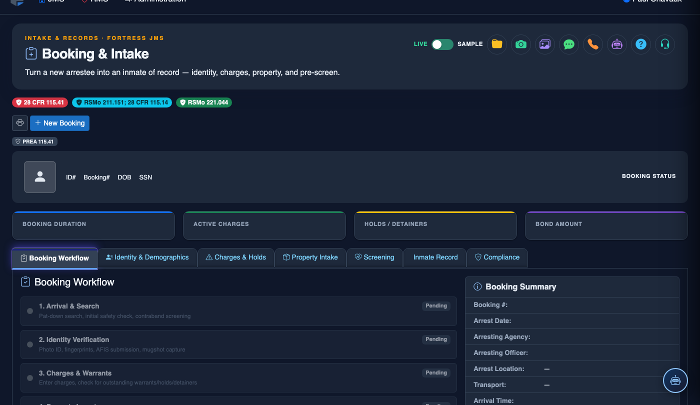 Booking and Intake screenshot