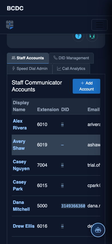 Mobile view — Staff Accounts detail
