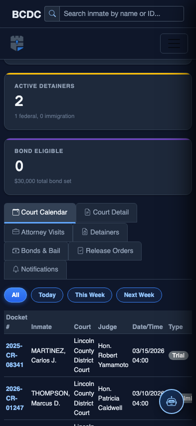 Mobile view — Court Calendar list