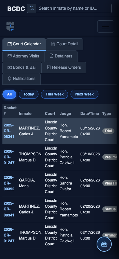 Mobile view — Court Calendar detail