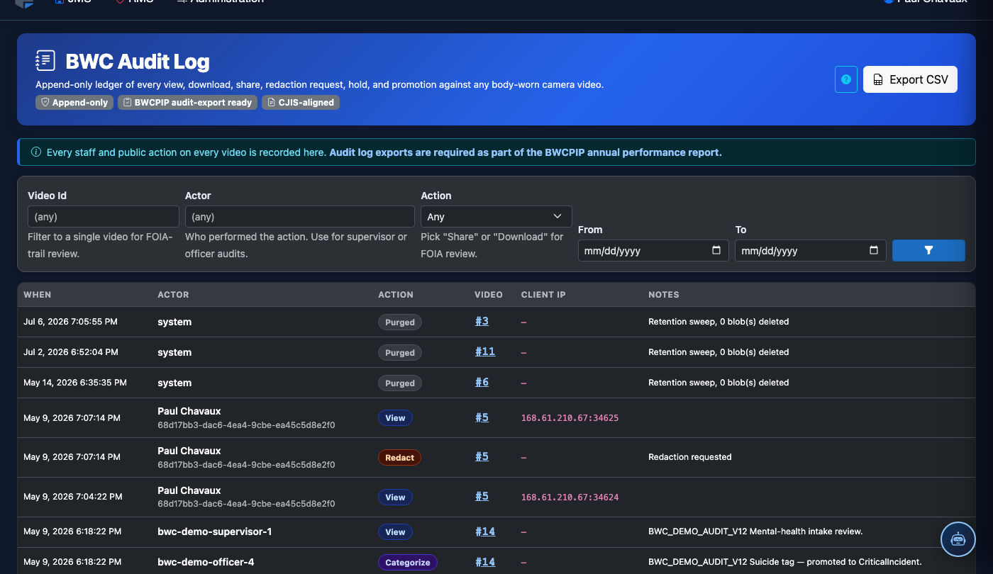 BWC Audit Log screenshot