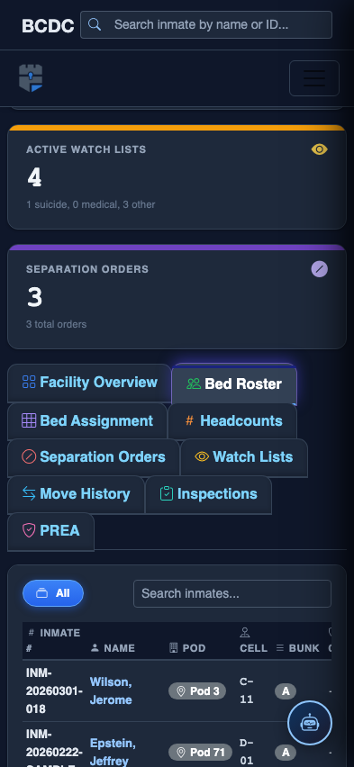 Mobile view — Bed Roster list