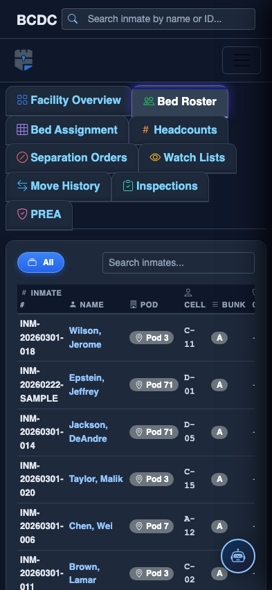 Mobile view — Bed Roster detail