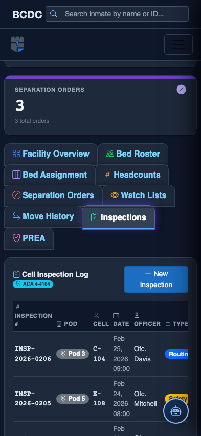 Mobile view — Cell Inspections list