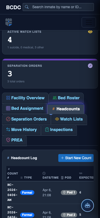 Mobile view — Headcounts list