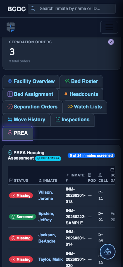 Mobile view — PREA Assessments list