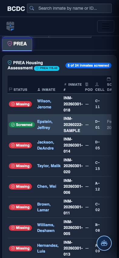 Mobile view — PREA Assessments detail