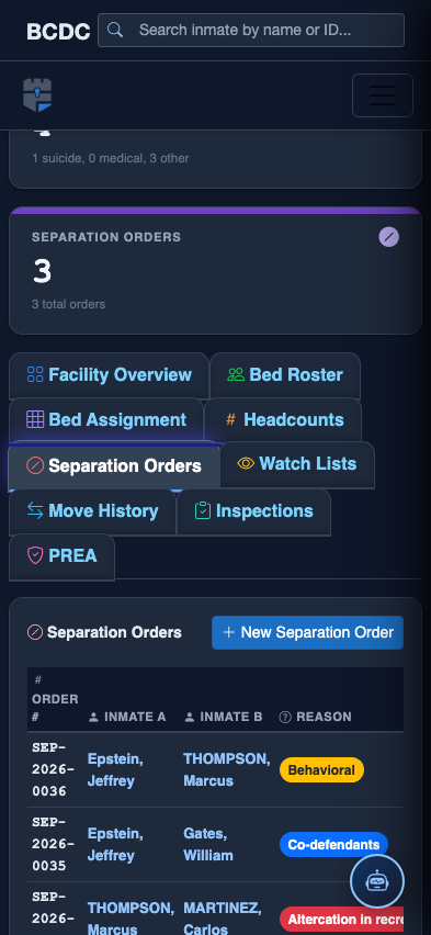Mobile view — Separation Orders list