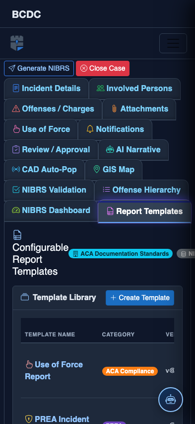 Mobile view — Report Templates list