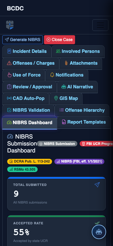 Mobile view — NIBRS Dashboard list