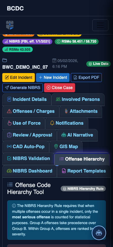 Mobile view — Offense Hierarchy detail