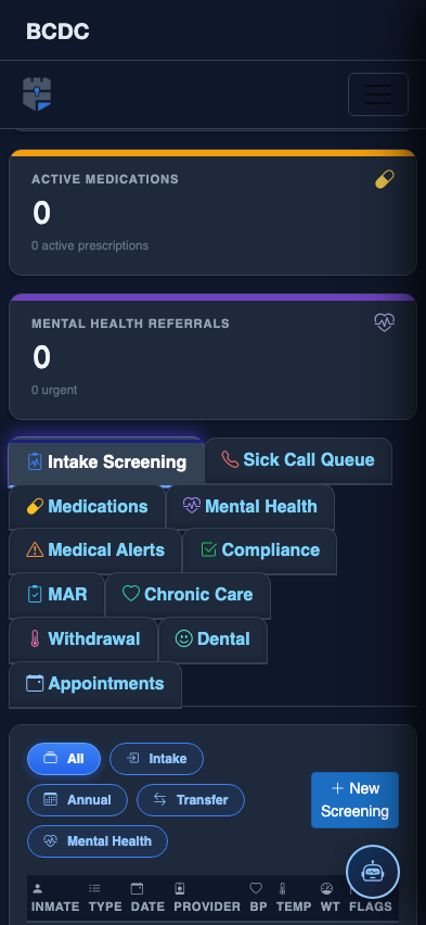 Mobile view — Intake Screening list