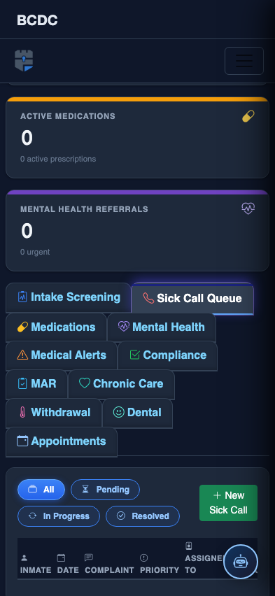 Mobile view — Sick Call Queue list