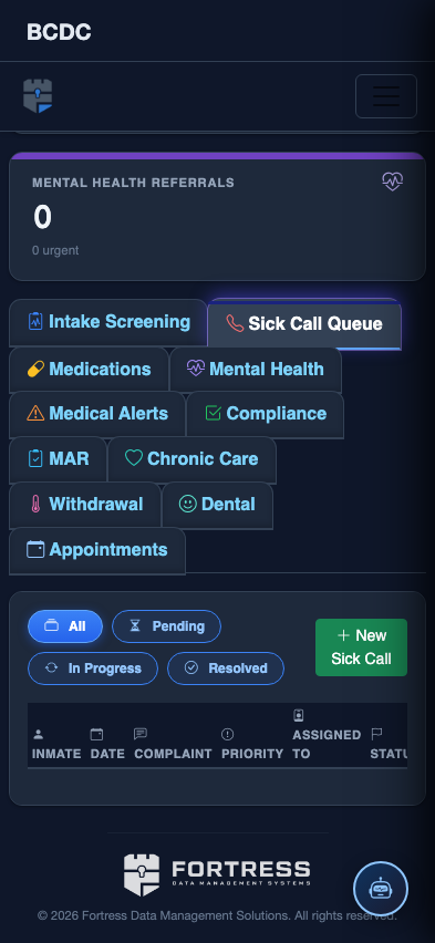 Mobile view — Sick Call Queue detail