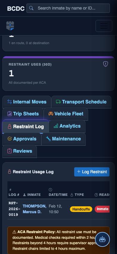 Mobile view — Restraint Log list