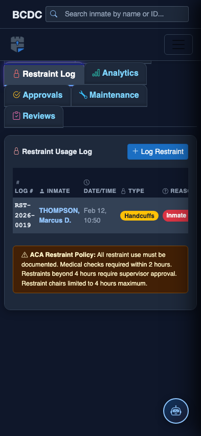 Mobile view — Restraint Log detail