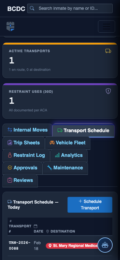 Mobile view — Transport Schedule list