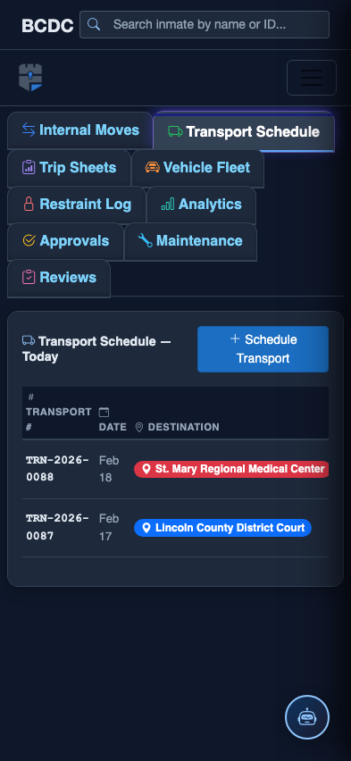 Mobile view — Transport Schedule detail