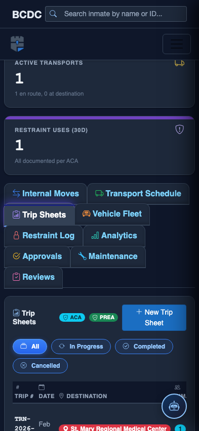 Mobile view — Trip Sheets list