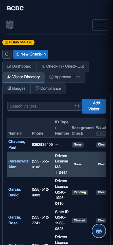Mobile view — Visitor Directory detail